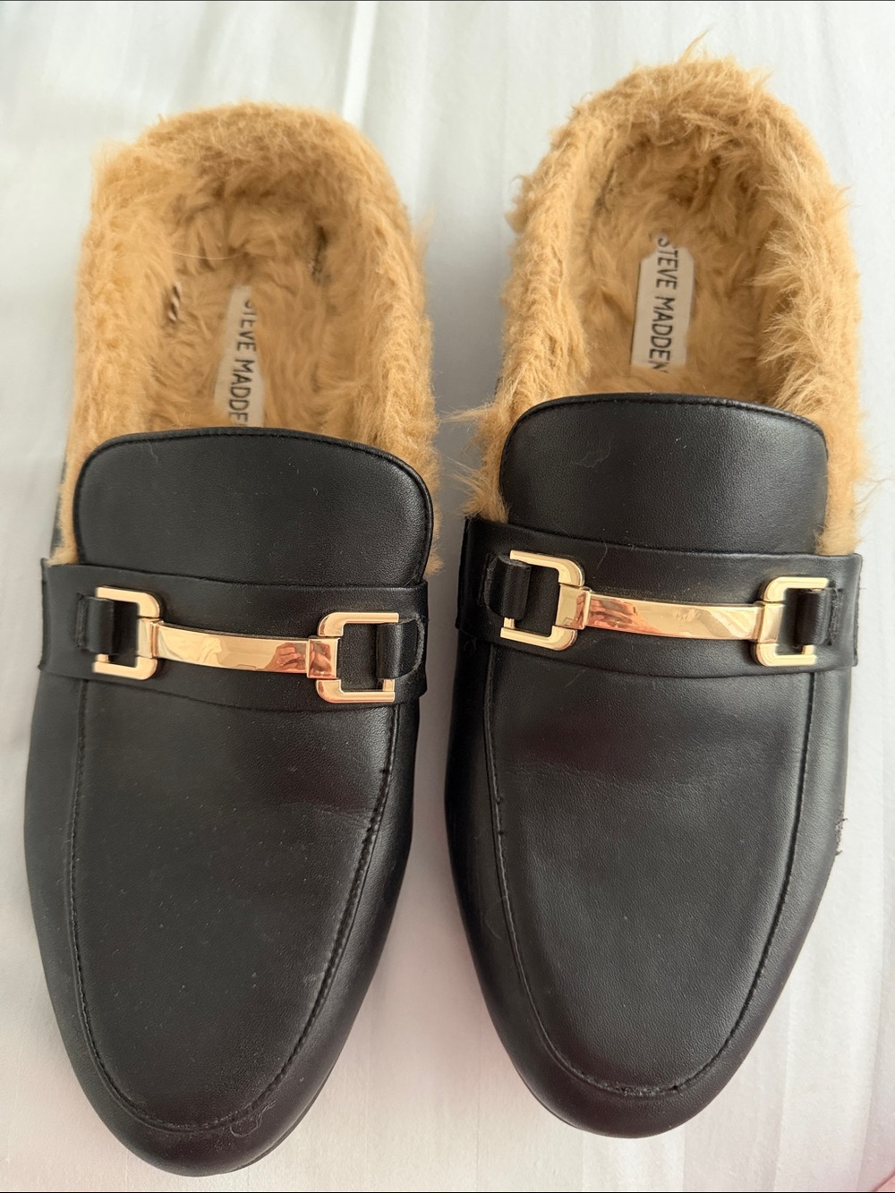 Steve Madden Black Loafers with Tan Faux-Fur Lining and Gold Hardware